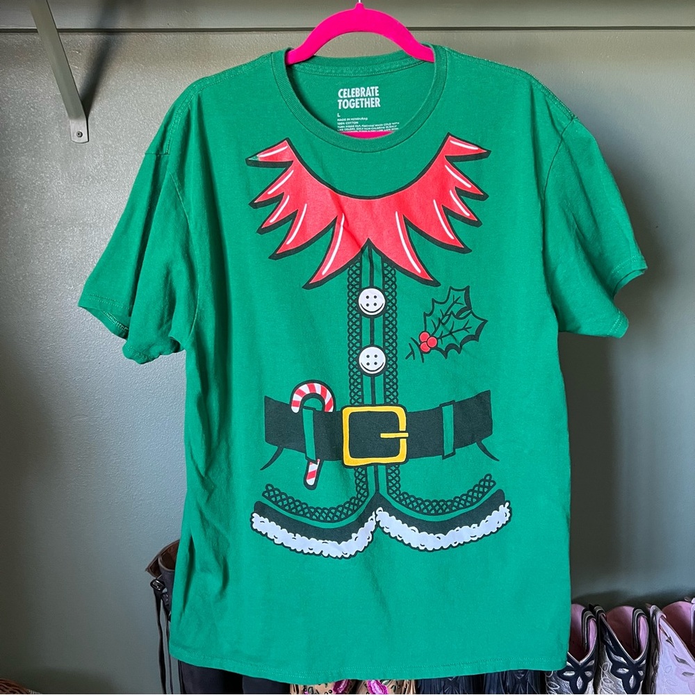 Celebrate Together Christmas Green Elf Graphic Tee Large